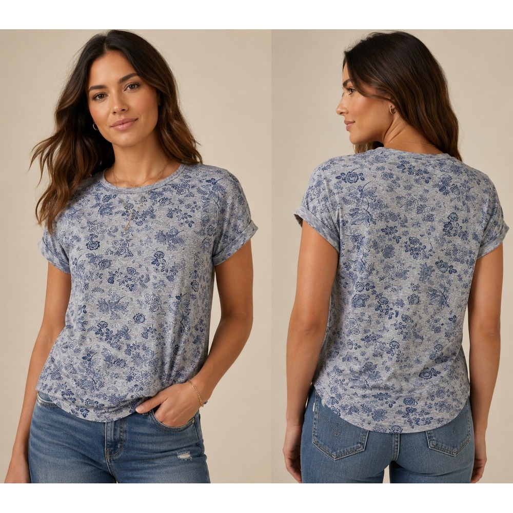 Lucky Brand Womens XXL Gray Blue Floral Print Rolled Cuff‎ cottagecore whimsical